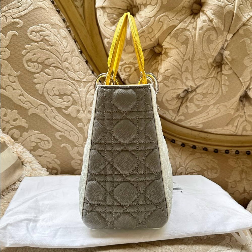 Christian Dior Lady Dior Medium Caviar Calfskin Yellow/Baby Blue/Grey NWOT RARE - Picture 6 of 9